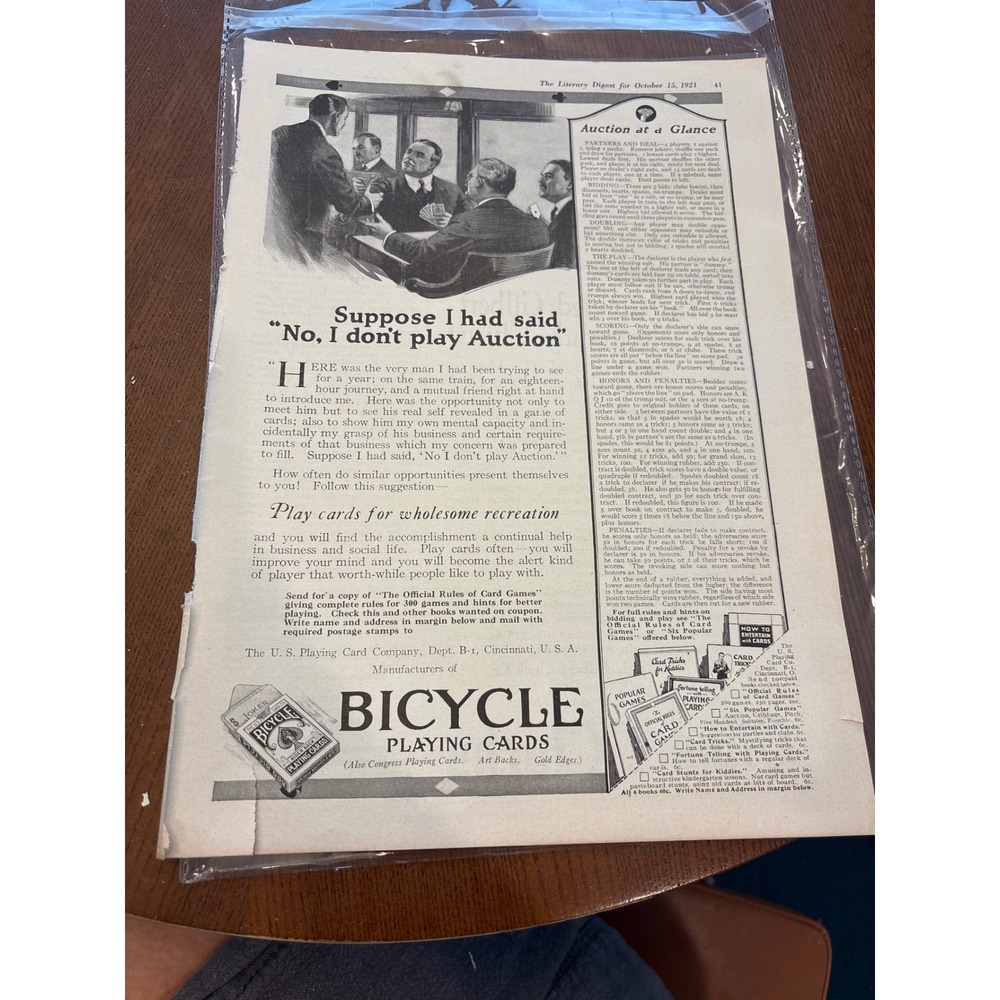 Vintage Bicycle Playing Cards Gilbert Clocks 1921 Print Ad Paper Ephemera Decor
